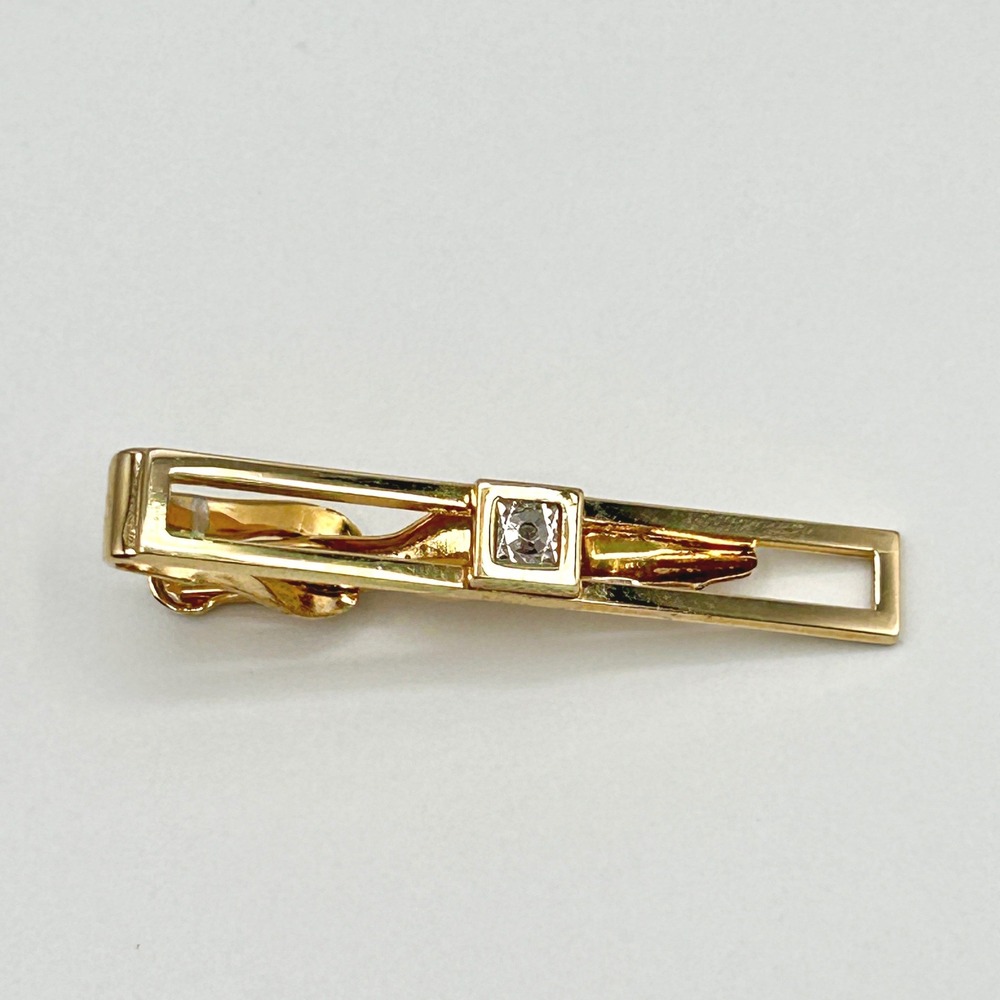 Pierre Cardin Tie Bar Gold Tone Rectangular Faux Diamond Crystal 2 Inch JW 72